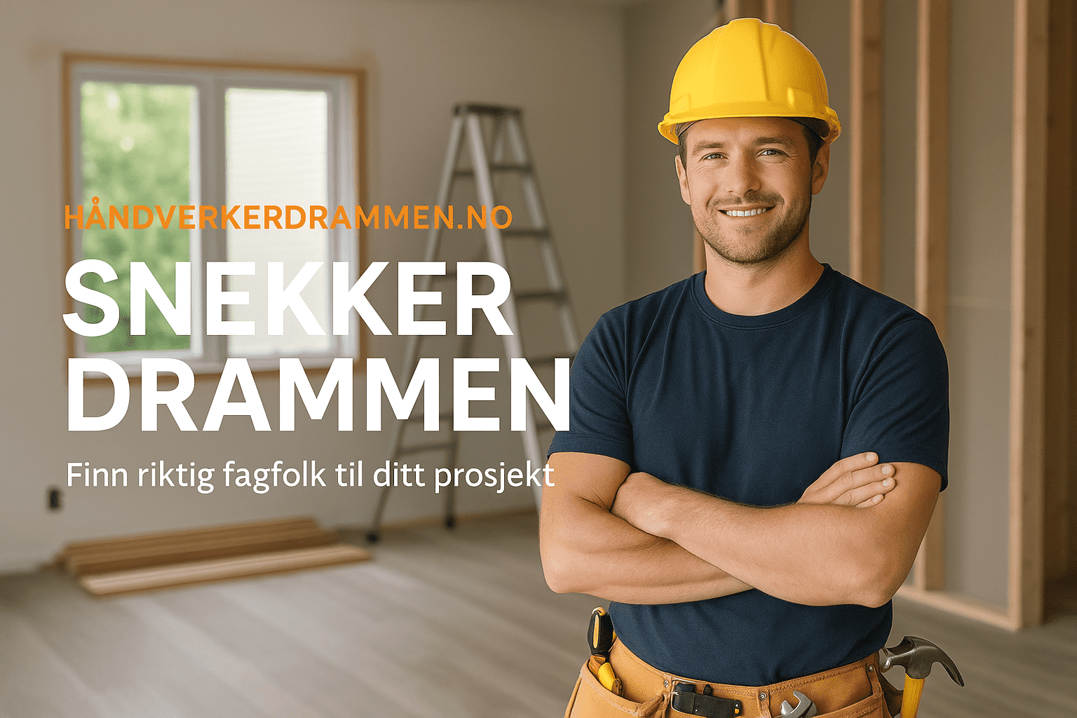 Smilende snekker med verktøybelte på byggeplass i Drammen – HåndverkerDrammen.no hjelper deg å finne riktig fagfolk